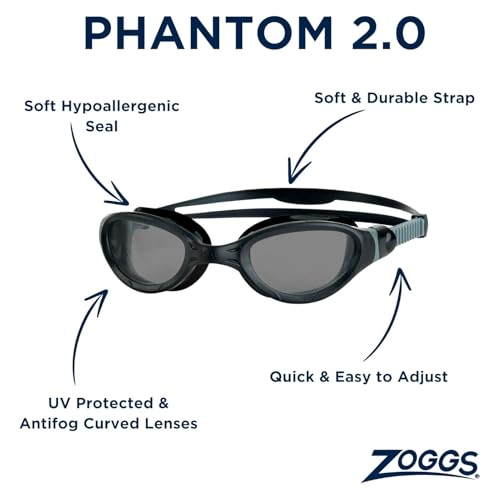 Zoggs Adult Unisex Phantom 20 AntiFog UV Protection Wide Vision Curved Lens QuickAdjust NoLeak Swimming Goggles 461031 BlackGrey Tint Smoke Lens - Image 3