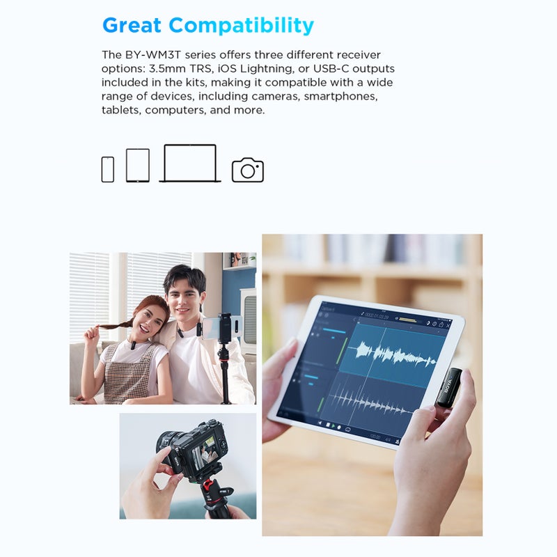 BOYA BY-WM3T-U2 Wireless Microphone System with 1 Receiver + 2 Transmitters + Charging Box 100M Transmission Range 10h Duration Smart Noise Reduction Built-in Battery Replacement for Android Phones - Image 2