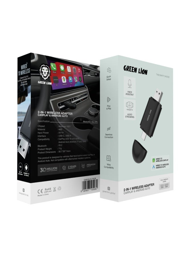 GREEN LION 2-in-1 Wireless Adapter CarPlay & Android Auto / Dual-Interface Design USB A, USB C / Voice Assistant / Audio Streaming / Bluetooth: V5.2 / Seamless Connection - Black - Image 4