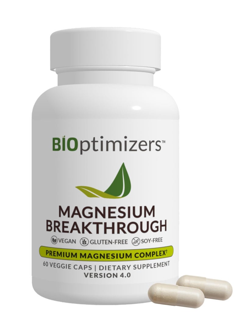 بيو أوبتيمايزيرز مكمل المغنيسيوم BIOptimizers Breakthrough، 4.0-7 أشكال من المغنيسيوم: جليسينات، مالات، سترات، وغيرها - دعم طبيعي للنوم والوظائف الإدراكية - 60 كبسولة - مجمع فيتامينات مهدئ  - Image 1