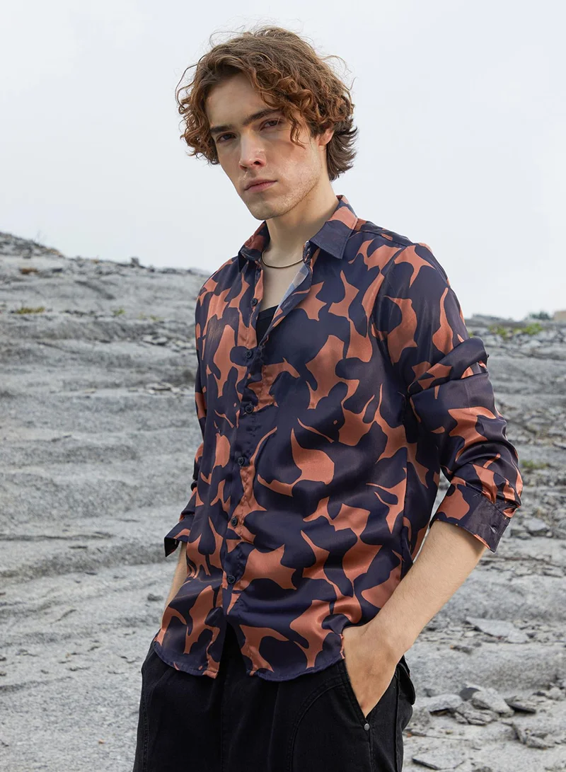 Campus Sutra Men's Sienna Brown & Prussian Blue Botanical Imprint Shirt