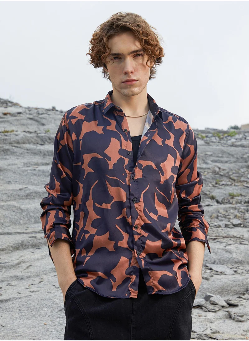 كامبوس سوترا Men's Sienna Brown & Prussian Blue Botanical Imprint Shirt