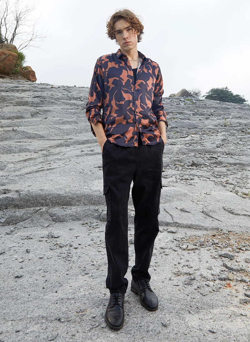 Campus Sutra Men's Sienna Brown & Prussian Blue Botanical Imprint Shirt