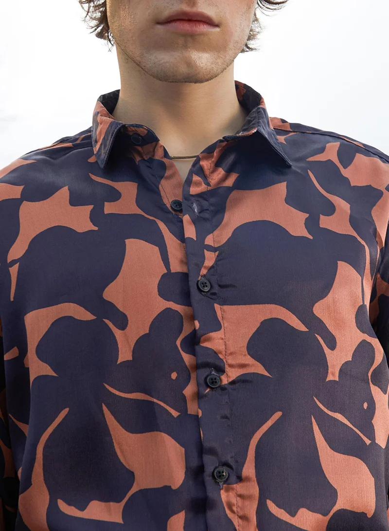 Campus Sutra Men's Sienna Brown & Prussian Blue Botanical Imprint Shirt