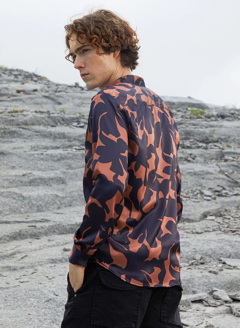 Campus Sutra Men's Sienna Brown & Prussian Blue Botanical Imprint Shirt
