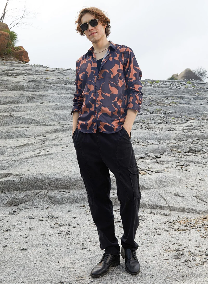 Campus Sutra Men's Sienna Brown & Prussian Blue Botanical Imprint Shirt
