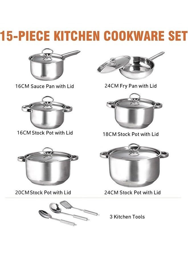 15 Pcs Stainless Steel Cookware Set, Kitchen Casserole & Frying Pan with Milk Pan, Induction & Gas Stove Compatible, Dishwasher Safe