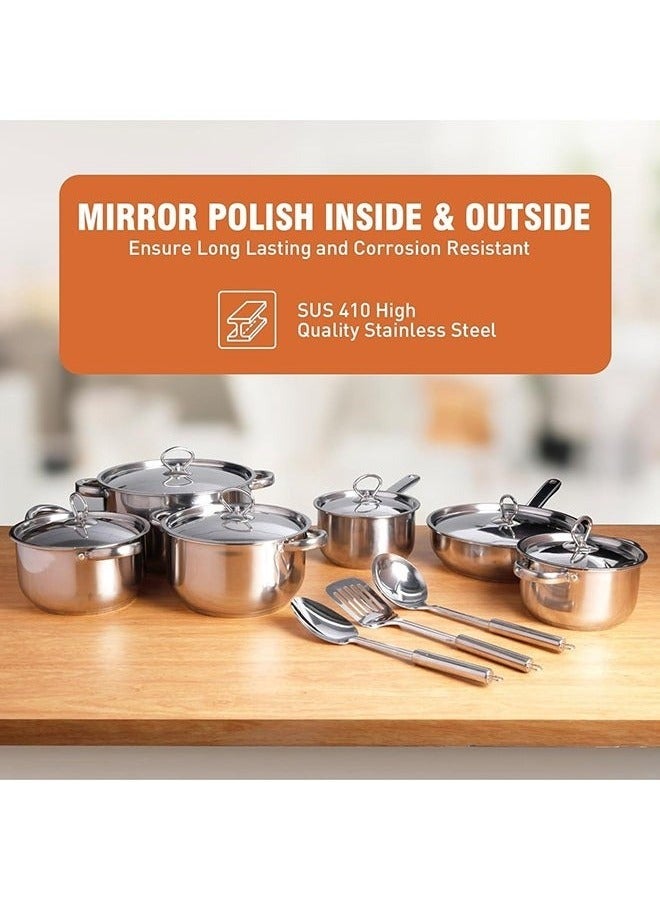 15 Pcs Stainless Steel Cookware Set, Kitchen Casserole & Frying Pan with Milk Pan, Induction & Gas Stove Compatible, Dishwasher Safe