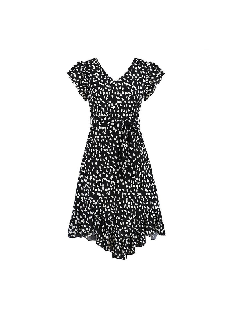 Loquat Slim Fit V-Neck Ruffle Short Sleeve Leopard Print Dress  - Image 1