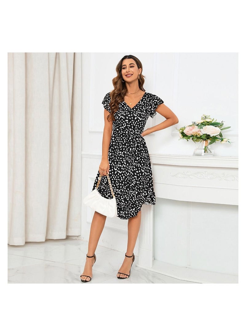 Loquat Slim Fit V-Neck Ruffle Short Sleeve Leopard Print Dress  - Image 3