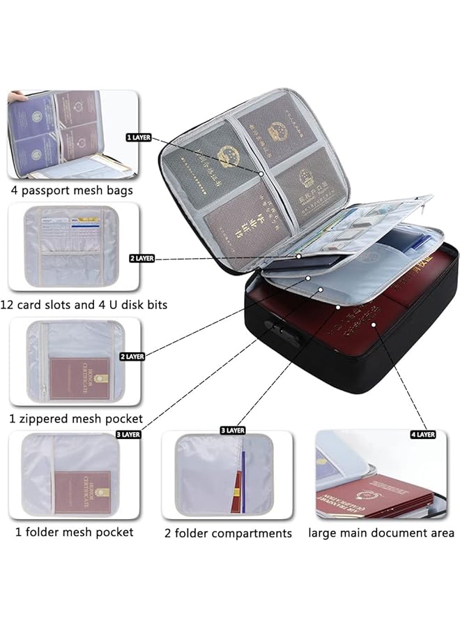 ORiTi 3 Layer Document Bag With Lock Water Resistant File Storage Case Document Safe Portable Travel Home Organizer Bag For Important File Passport Certificates Cash Black. - Image 3