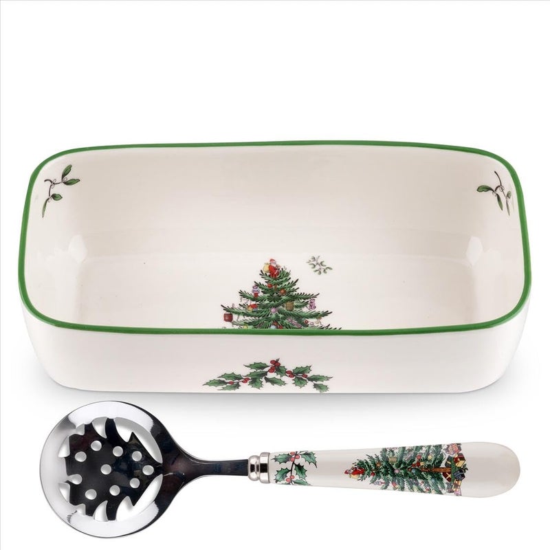 Spode Christmas Tree Cranberry Sauce Serving Dish with Slotted Spoon 8x 425  Rectangular Holiday Server with Holiday Motif  Dishwasher Microwave Freezer Safe Serveware for Entertaining