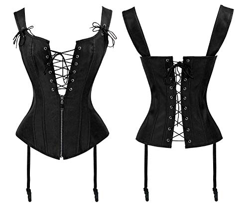 Charmian Women's Renaissance Lace Up Steampunk Vintage Boned Bustier Corset Top with Garters Black Large - Image 4