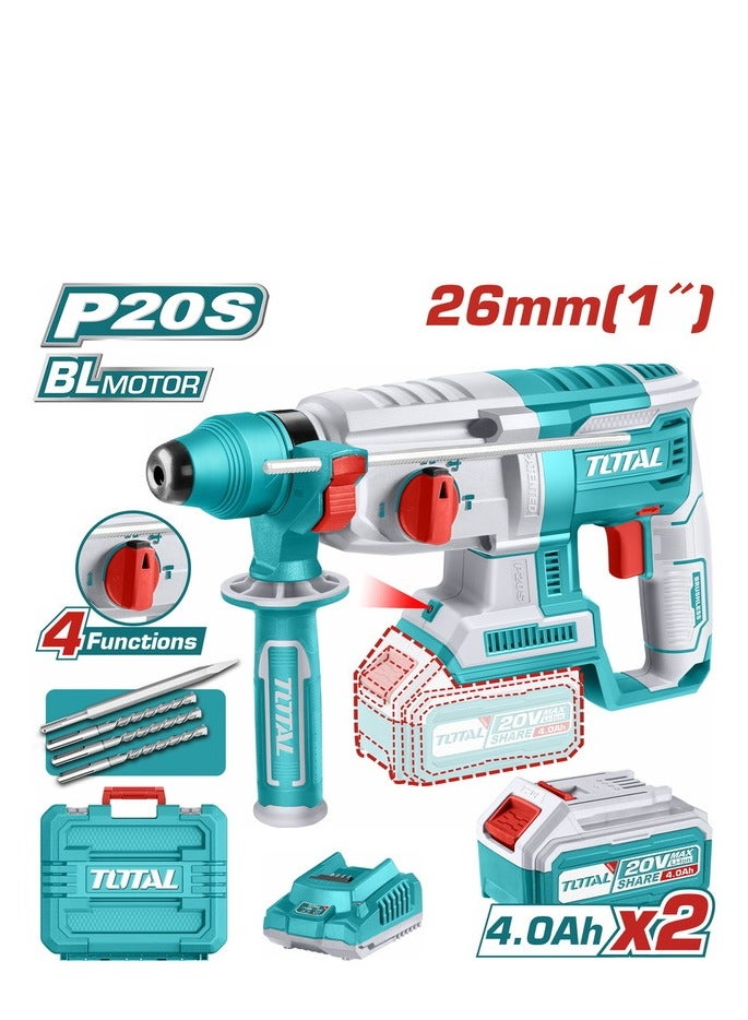 TOTAL TOTAL 20V Brushless Rotary Hammer Drill P20S – SDS Plus Cordless Hammer with 2.5J Impact Energy, LED Light & Carrying Case – Concrete, Steel, and Wood Drilling Tool Kit with Batteries & Charger  - Image 2