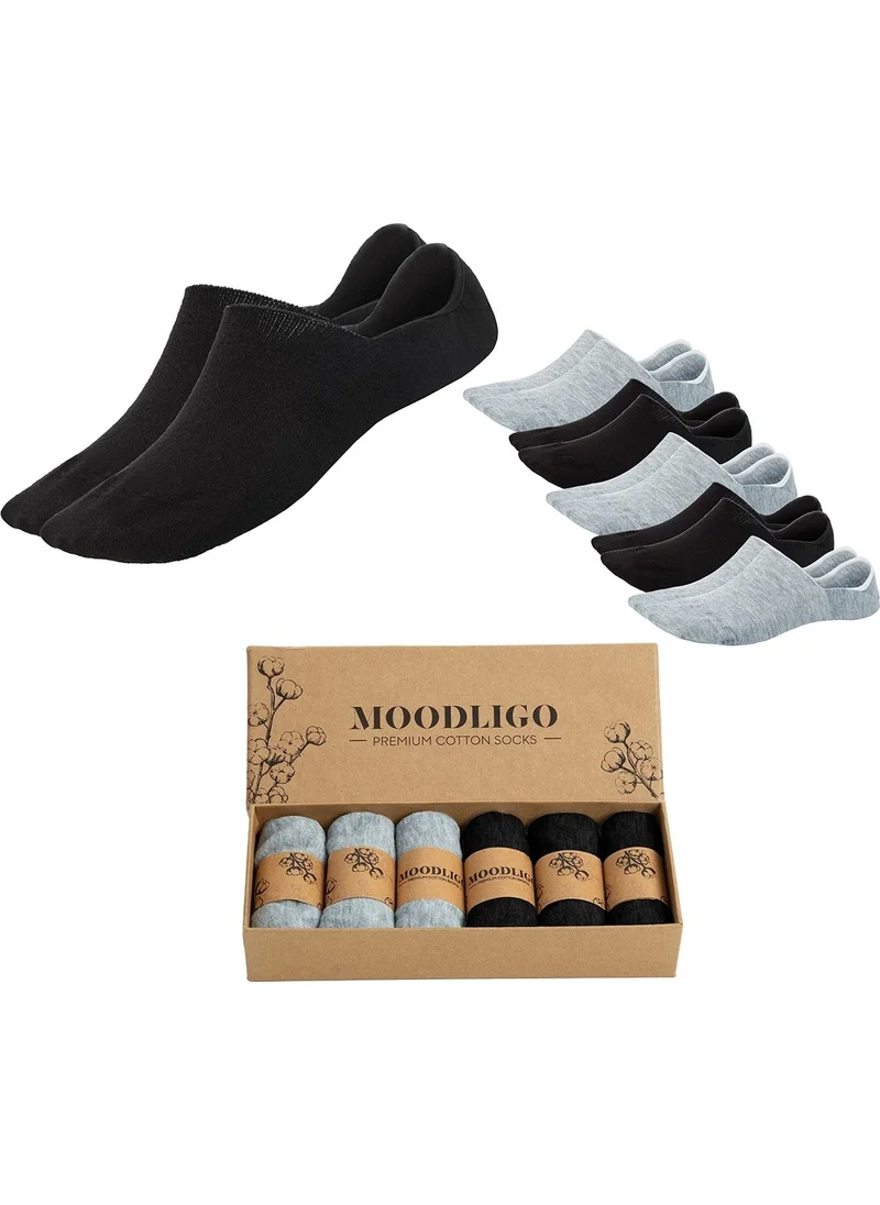 Moodligo Men's 6-Piece Premium Cotton Invisible Sports Socks (Babet Socks) - 3 Black, 3 Gray - Boxed