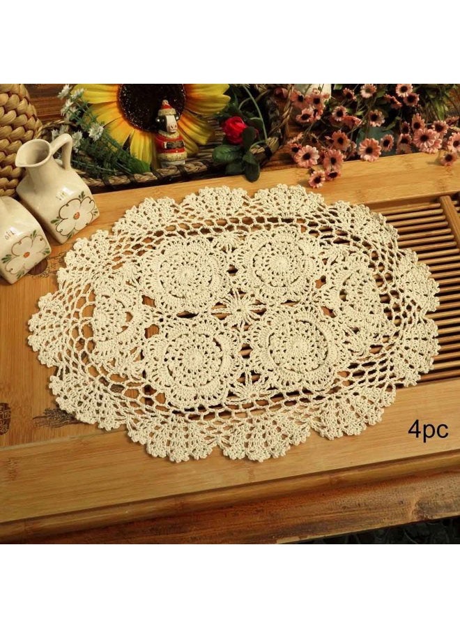Phantomon Crochet Cotton Lace Placemats Doilies Crochet Doilies, Pack Of 4, Oval Shape, Beige, 12 x 17 inch, Sofa Cover Coasters, Cotton Placemats Beige 43397-21648 - Image 1