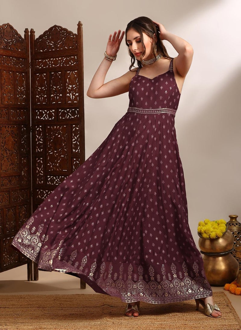 Globus Women Maroon Ethnic & Gold Foil Print Sweetheart Neck Shoulder Strap Fit & Flare Maxi Festive Dress - Image 1