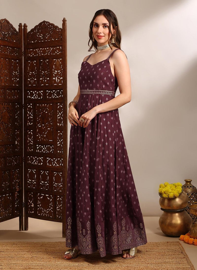 Globus Women Maroon Ethnic & Gold Foil Print Sweetheart Neck Shoulder Strap Fit & Flare Maxi Festive Dress - Image 3