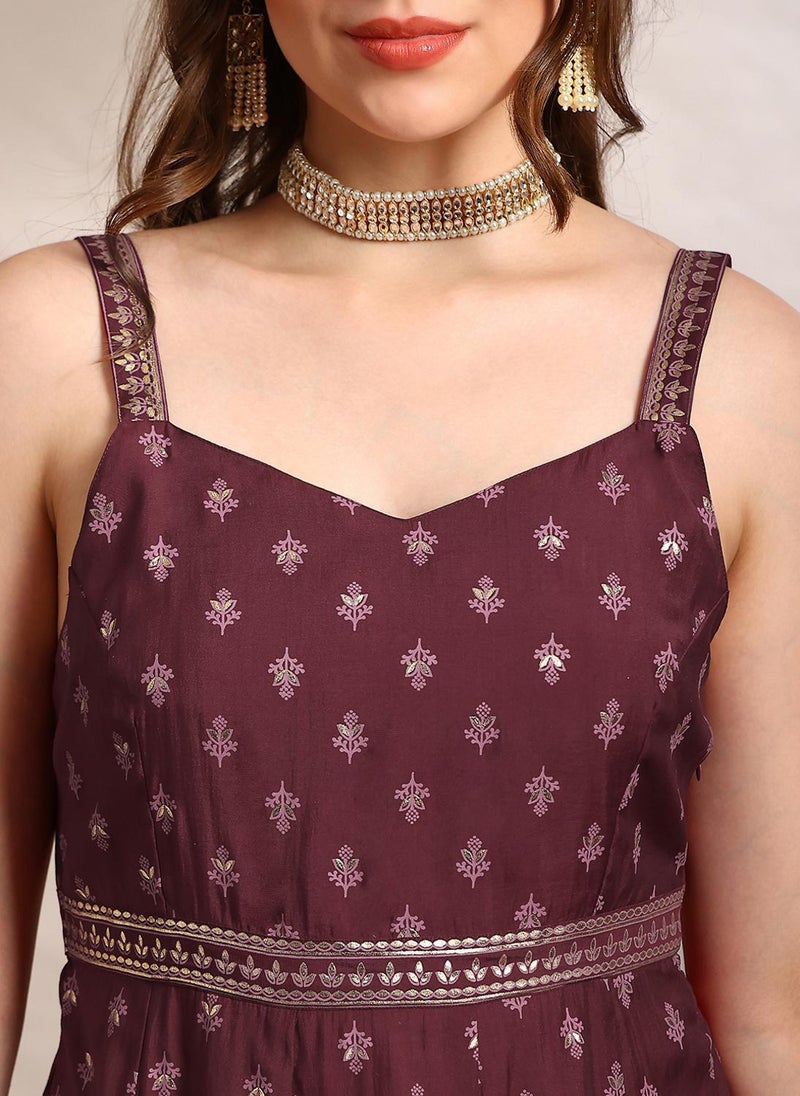 Globus Women Maroon Ethnic & Gold Foil Print Sweetheart Neck Shoulder Strap Fit & Flare Maxi Festive Dress - Image 5