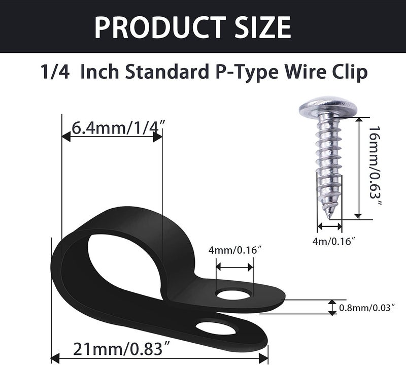mankk 100PCS 1/4 Inch Rope Light Clips P-Style Mounting Clips Plastic Cable Clamps with Compatible Stainless Steel Pan Head Phillips Screws for Wire Management M-034-BK-LS - Image 2