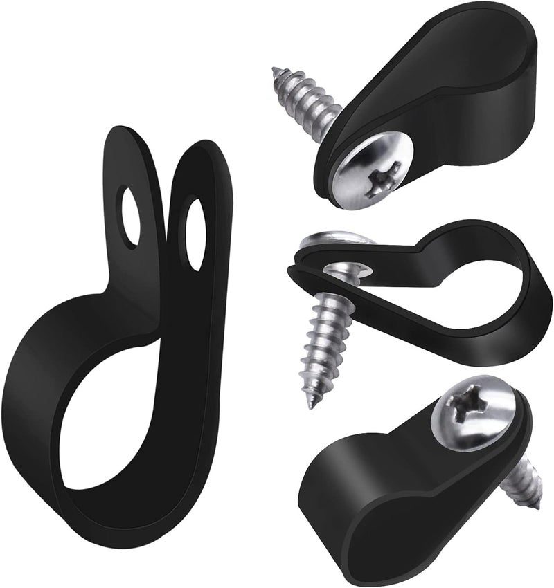 mankk 100PCS 1/4 Inch Rope Light Clips P-Style Mounting Clips Plastic Cable Clamps with Compatible Stainless Steel Pan Head Phillips Screws for Wire Management M-034-BK-LS - Image 1