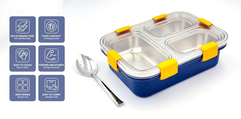 OLMARTT KITCHENWARE 3 Compartment Stainless Steel Lunch Box, Leakage Proof Lunch Box for School Kids and Adults Pack of 1 Blue,750ML - Image 2