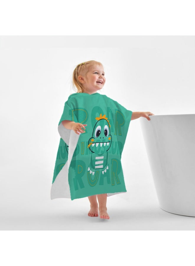 Kids Microfiber Hooded Poncho Towel, Quick-Dry, Cartoon T-Rex Dinosaur, Mint Green - Image 1