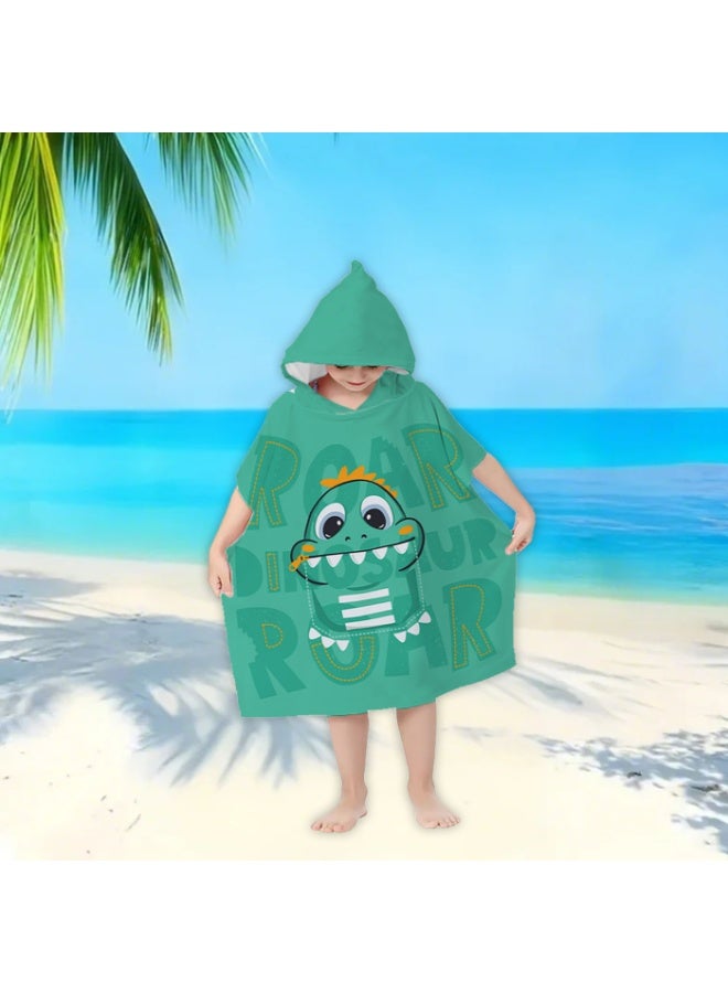 Kids Microfiber Hooded Poncho Towel, Quick-Dry, Cartoon T-Rex Dinosaur, Mint Green - Image 4
