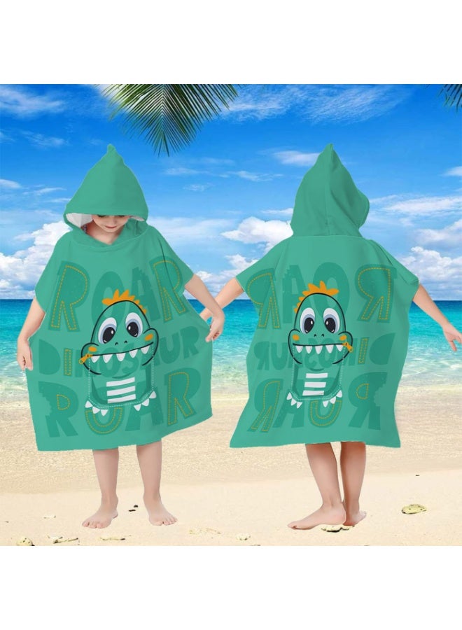 Kids Microfiber Hooded Poncho Towel, Quick-Dry, Cartoon T-Rex Dinosaur, Mint Green - Image 3
