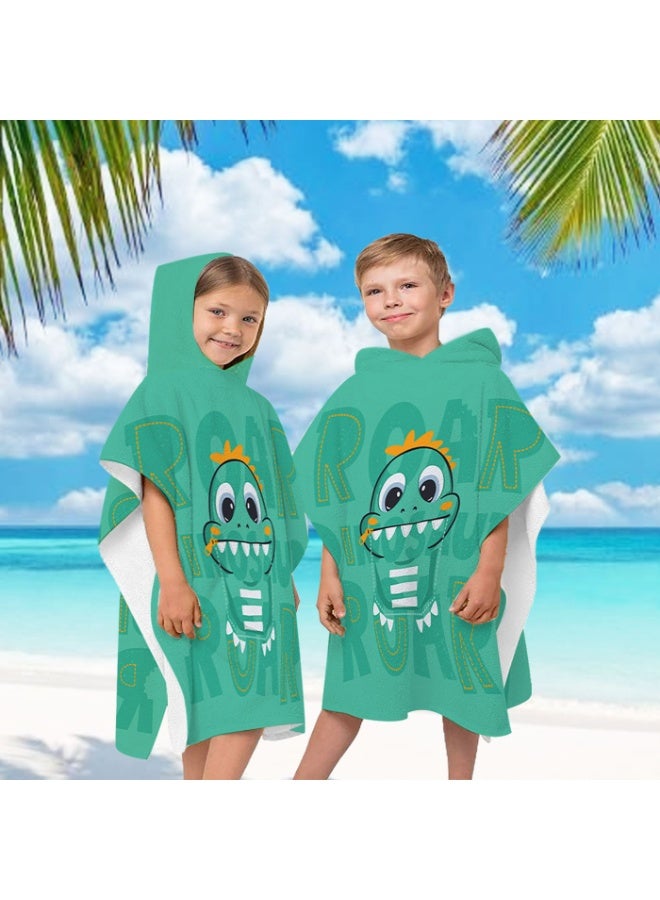 Kids Microfiber Hooded Poncho Towel, Quick-Dry, Cartoon T-Rex Dinosaur, Mint Green - Image 2