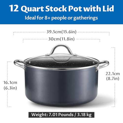 BEZIA 12 Quart Cooking Pot Large Non Stick Induction Stock Pots with Lid All Stove Compatible 12 QT Aluminum SoupStew Pot For Big Gatherings Grey - Image 3