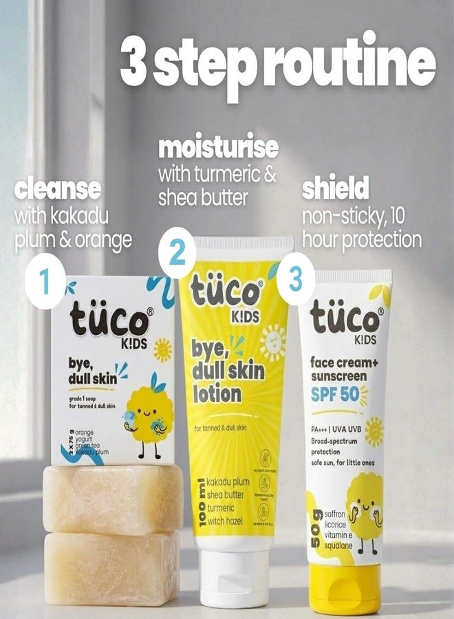 Tuco® Kids 3-in-1 De-Tan Kit | Sunscreen SPF 50 + Summer Lotion + Dull Skin Soap | Turmeric, Kakadu Plum & Saffron | Paraben & Sulphate Free | Ages 3-15 | Boys & Girls - Image 3