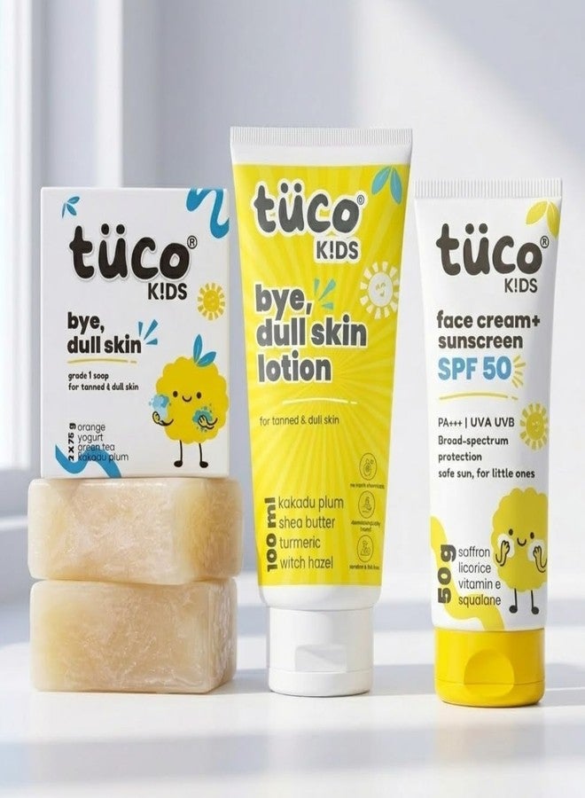 Tuco® Kids 3-in-1 De-Tan Kit | Sunscreen SPF 50 + Summer Lotion + Dull Skin Soap | Turmeric, Kakadu Plum & Saffron | Paraben & Sulphate Free | Ages 3-15 | Boys & Girls - Image 1