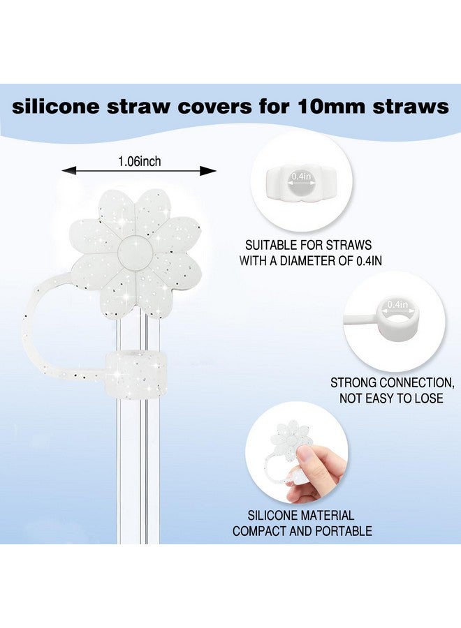 SEMATA SEMATA Stanley Cup Accessories Set,2Pcs Silicone Flower Straw Cover Caps 10mm Glitter White Straw Toppers,1Pcs Cute Handle Charm and 1Pcs Bling Silicone Boot Sleeve for Stanley 30&40oz Tumbler  - Image 2