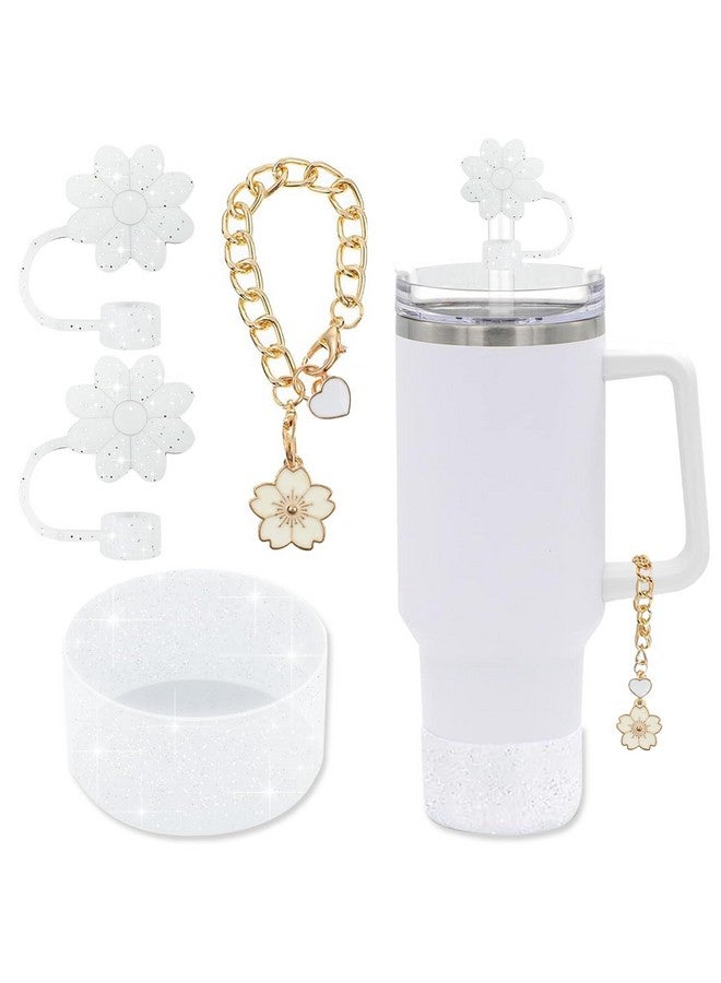 SEMATA SEMATA Stanley Cup Accessories Set,2Pcs Silicone Flower Straw Cover Caps 10mm Glitter White Straw Toppers,1Pcs Cute Handle Charm and 1Pcs Bling Silicone Boot Sleeve for Stanley 30&40oz Tumbler  - Image 1