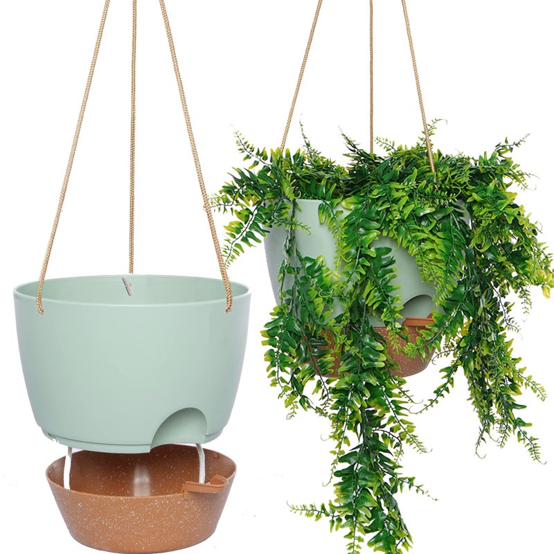 SwinDuck 10 Inch Self Watering Hanging Pots 2 Pack Hanging Planters with 40oZ Deep Reservior for Indoor Outdoor Plants Flowers Green with Brown