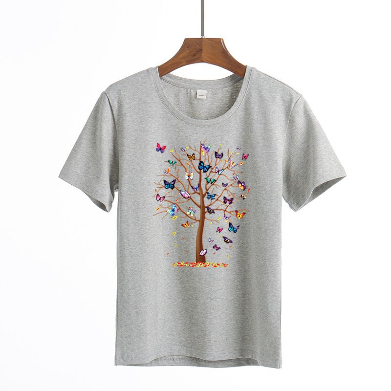 Foreign trade spot 2021 new foreign trade Europe and the United States butterfly tree printing mens and womens T-shirt trend AliExpress womens clothing Grey