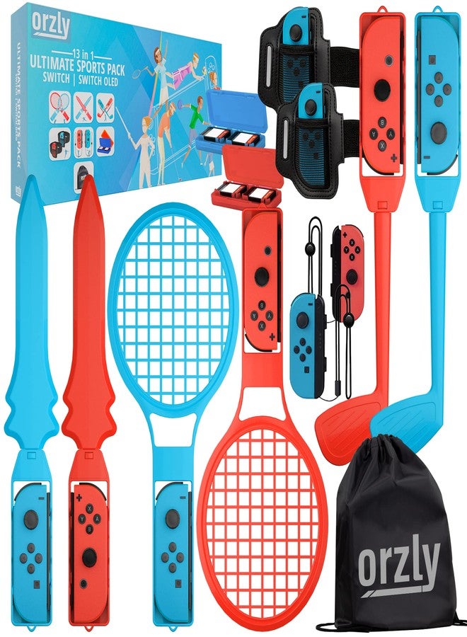 Orzly Switch Sports Games 2023 Accessories Bundle Pack for Nintendo Switch & Switch OLED with Tennis Rackets, Golf Clubs, Chambara Swords, Soccer Leg Straps & Joycon Grips - With Carry Bag - Image 1