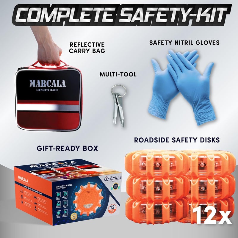 MARCALA Emergency Flares for Cars 12-Pack | Roadside Safety Discs | LED Safety Flare Emergency Lights | The only Complete Safety Disc Kit w/ 2 Bonus Items! | Feel Safer on The Road!! - Image 2