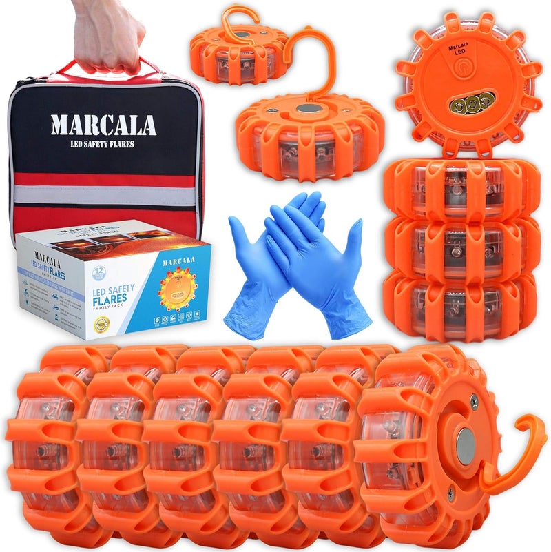 MARCALA Emergency Flares for Cars 12-Pack | Roadside Safety Discs | LED Safety Flare Emergency Lights | The only Complete Safety Disc Kit w/ 2 Bonus Items! | Feel Safer on The Road!! - Image 1