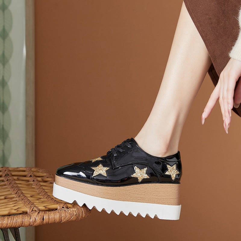 Slimming And Versatile 2026 Spring New Style Star-Patterned Thick-Soled Platform Casual Shoes With Lace-Up Wedge Heels For Women In British Style - Image 3