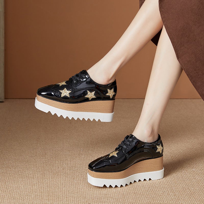 Slimming And Versatile 2026 Spring New Style Star-Patterned Thick-Soled Platform Casual Shoes With Lace-Up Wedge Heels For Women In British Style - Image 2