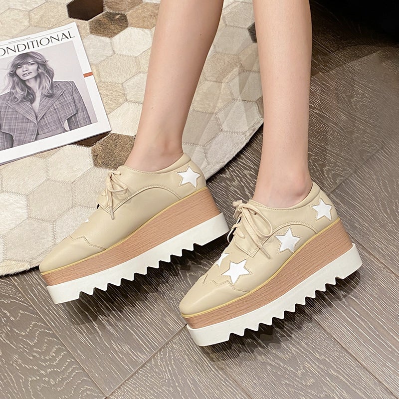 Slimming And Versatile 2026 Spring New Style Star-Patterned Thick-Soled Platform Casual Shoes With Lace-Up Wedge Heels For Women In British Style - Image 1