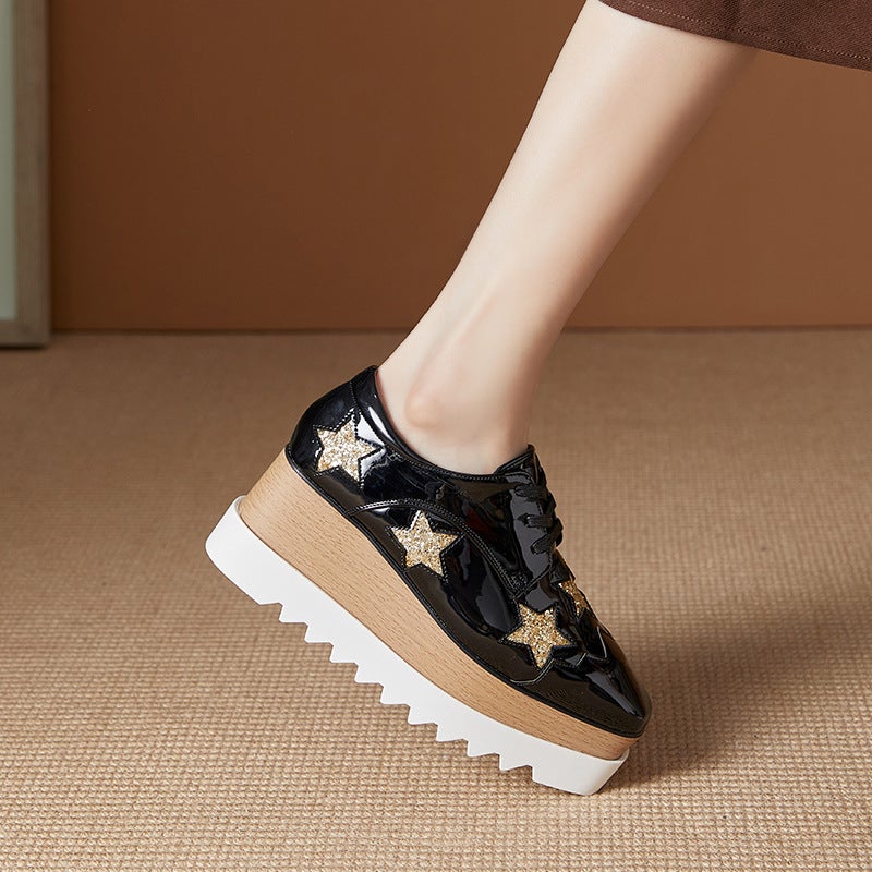 Slimming And Versatile 2026 Spring New Style Star-Patterned Thick-Soled Platform Casual Shoes With Lace-Up Wedge Heels For Women In British Style - Image 5