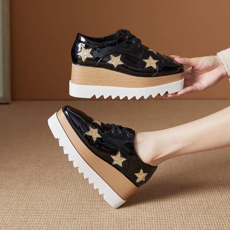 Slimming And Versatile 2026 Spring New Style Star-Patterned Thick-Soled Platform Casual Shoes With Lace-Up Wedge Heels For Women In British Style - Image 4