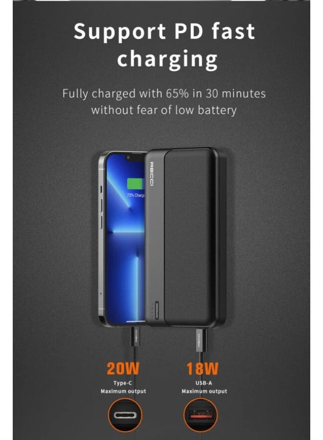 ريتشي باور بانك Recci RPB-P27 بسعة 20000 مللي أمبير – شحن سريع PD 20 واط + 22.5 واط، مدخل مزدوج (Type-C/Micro) ومخارج ثلاثية (Type-C + منفذين USB-A)، شاشة LED وبطارية ليثيوم بوليمر من الدرجة A+ – أسود - Image 2