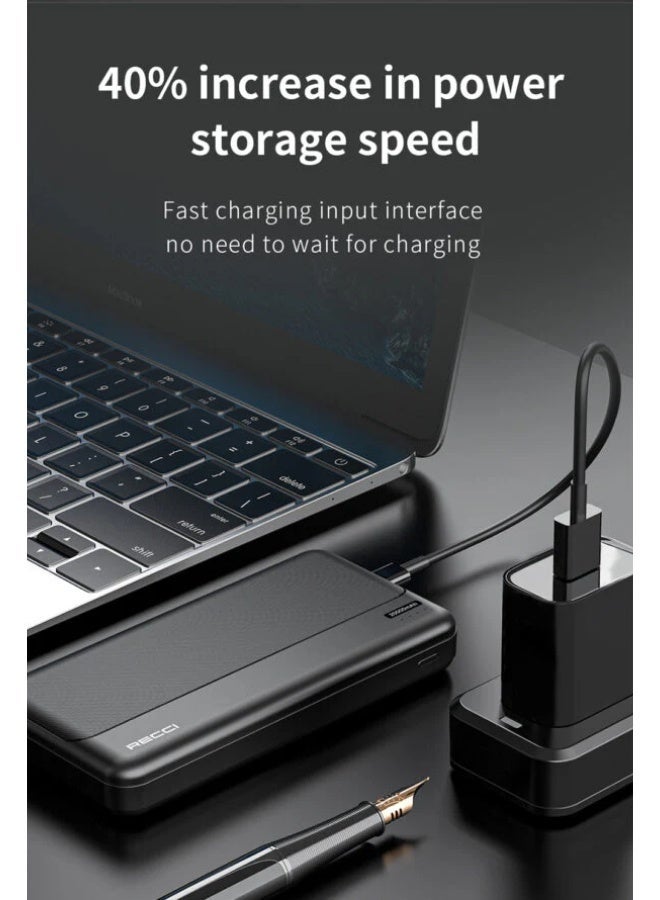 ريتشي باور بانك Recci RPB-P27 بسعة 20000 مللي أمبير – شحن سريع PD 20 واط + 22.5 واط، مدخل مزدوج (Type-C/Micro) ومخارج ثلاثية (Type-C + منفذين USB-A)، شاشة LED وبطارية ليثيوم بوليمر من الدرجة A+ – أسود - Image 3