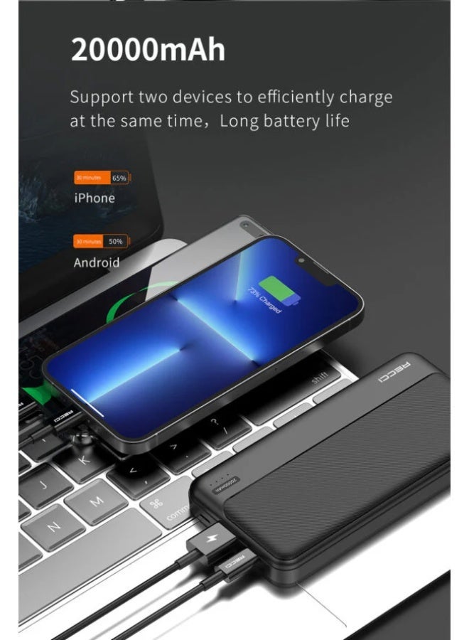 ريتشي باور بانك Recci RPB-P27 بسعة 20000 مللي أمبير – شحن سريع PD 20 واط + 22.5 واط، مدخل مزدوج (Type-C/Micro) ومخارج ثلاثية (Type-C + منفذين USB-A)، شاشة LED وبطارية ليثيوم بوليمر من الدرجة A+ – أسود - Image 4