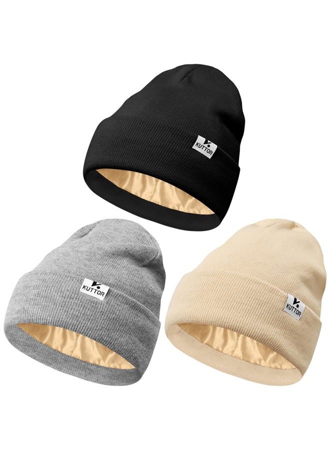 KUTTOR 3 Pack Satin Lined Beanie for Women Men Winter Slouchy Cap Adult Soft Knit Hat with Satin Lining One Size Fits Most, Black, Beige, Mocha, One size - Image 1