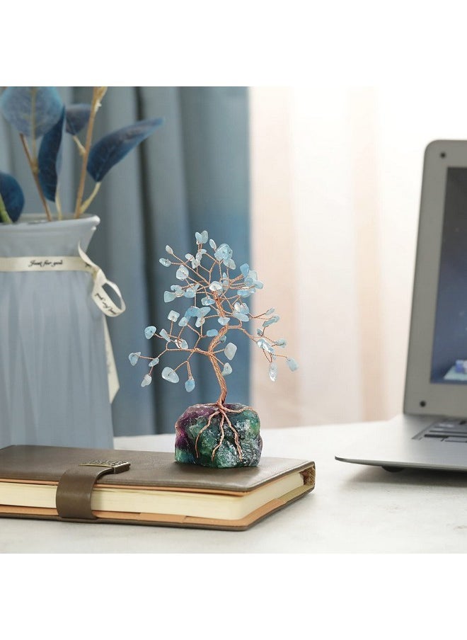 mookaitedecor mookaitedecor Natural Aquamarine Crystal Tree with Raw Crystals Fluorite Base Stone Money Tree Feng Shui Luck Figurine Ornament for Home Office Table Decoration 6-7 Inch  - Image 3